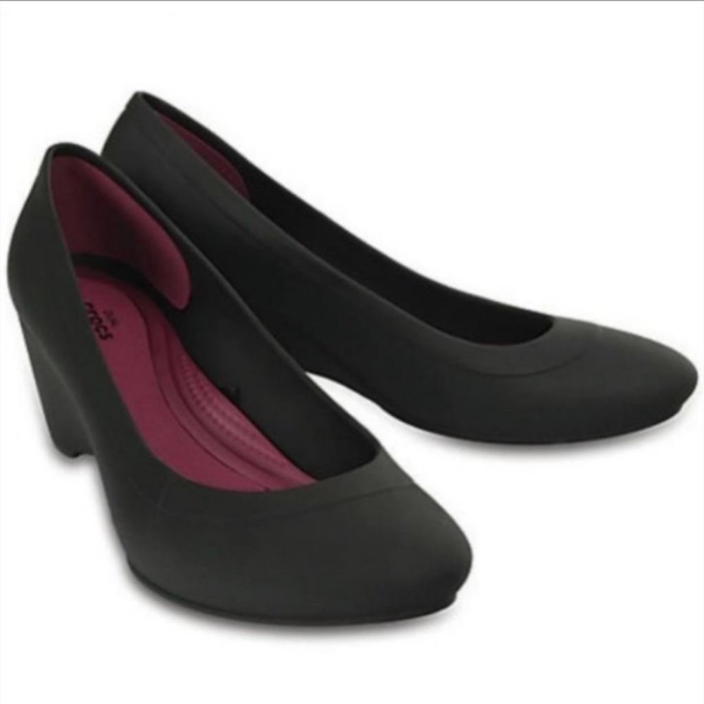 Croc's Dual Comfort Lina Wedge Heels Pumps Shoes 9 Black Work Casual Waterproof